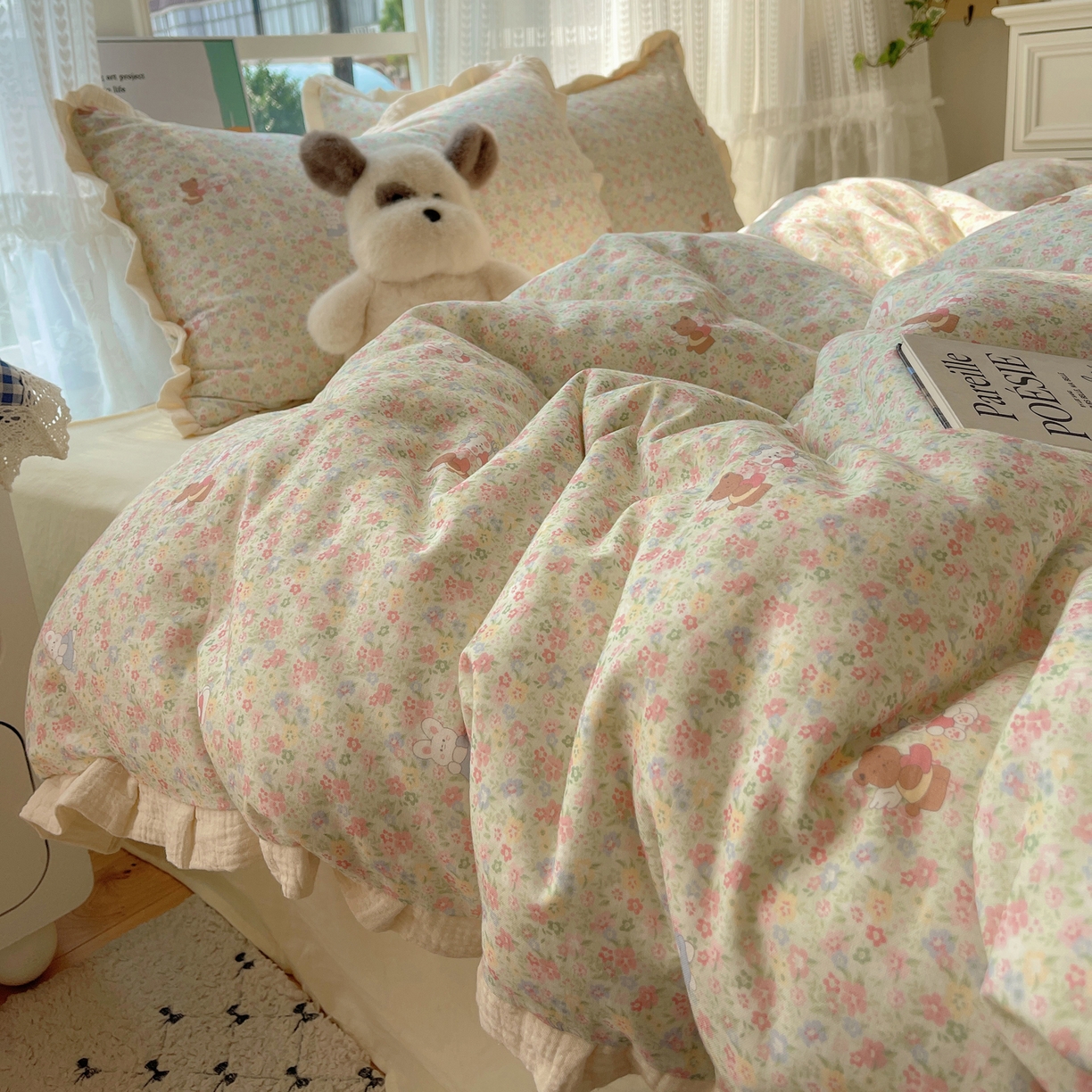 91家纺网 家纺一手货源 找家纺 盼季家纺 2025新款亲肤棉皱皱纱花边四件套 皱皱纱花边-好朋友