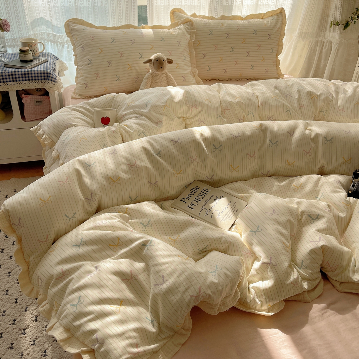 91家纺网 家纺一手货源 找家纺 盼季家纺 2025新款亲肤棉皱皱纱花边四件套 皱皱纱花边-蝴蝶结