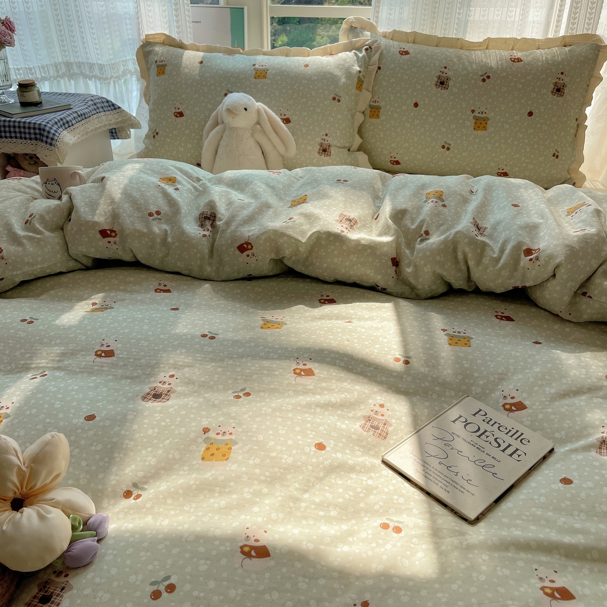 91家纺网 家纺一手货源 找家纺 盼季家纺 2025新款亲肤棉皱皱纱花边四件套 皱皱纱花边-欢喜萌宠