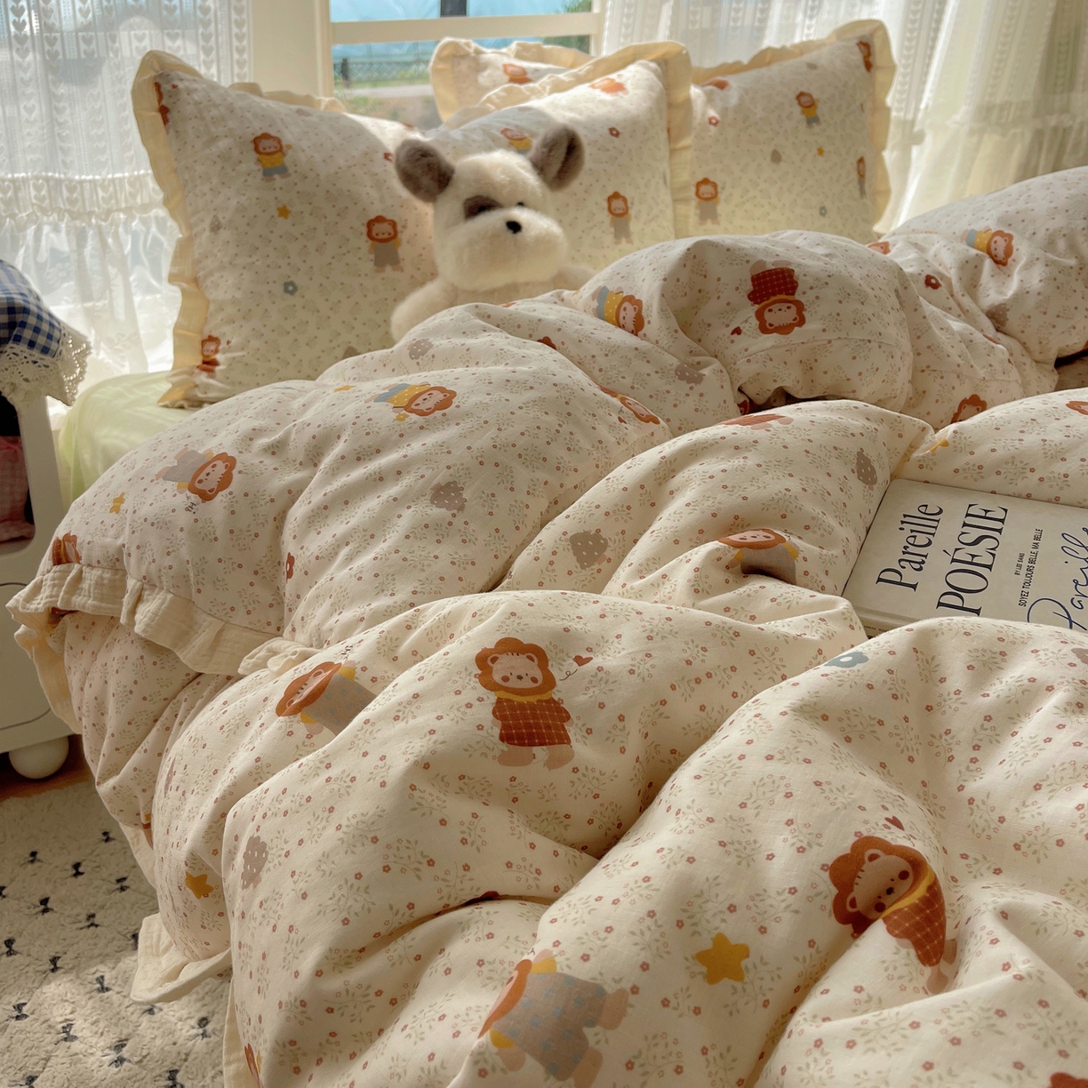 91家纺网 家纺一手货源 找家纺 盼季家纺 2025新款亲肤棉皱皱纱花边四件套 皱皱纱花边-小狮子