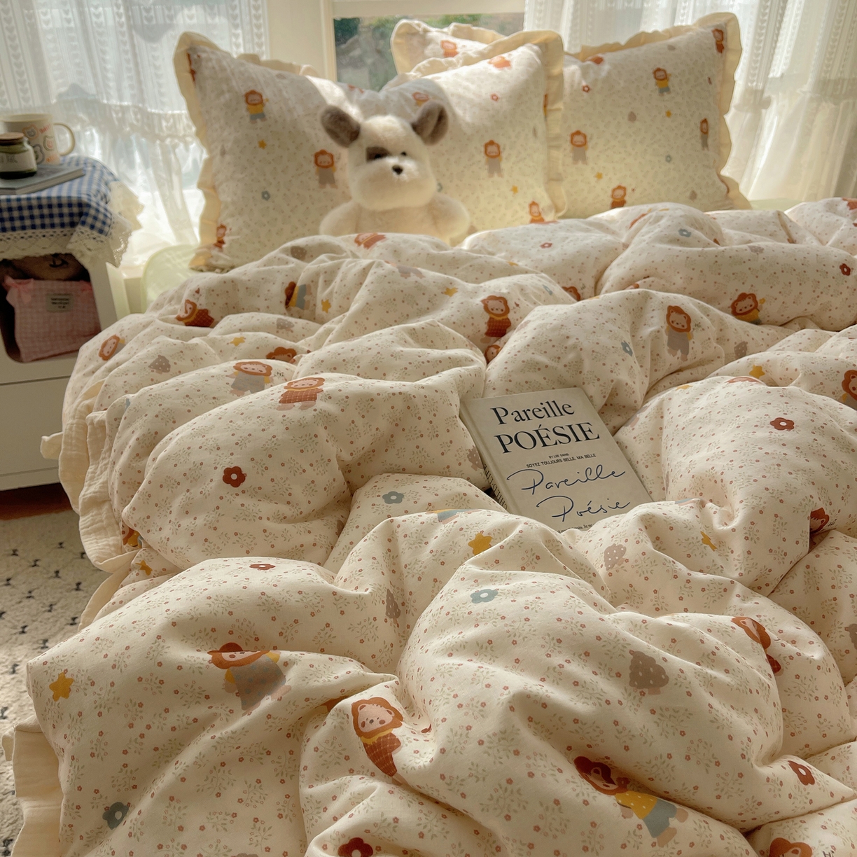 91家纺网 家纺一手货源 找家纺 盼季家纺 2025新款亲肤棉皱皱纱花边四件套 皱皱纱花边-小狮子