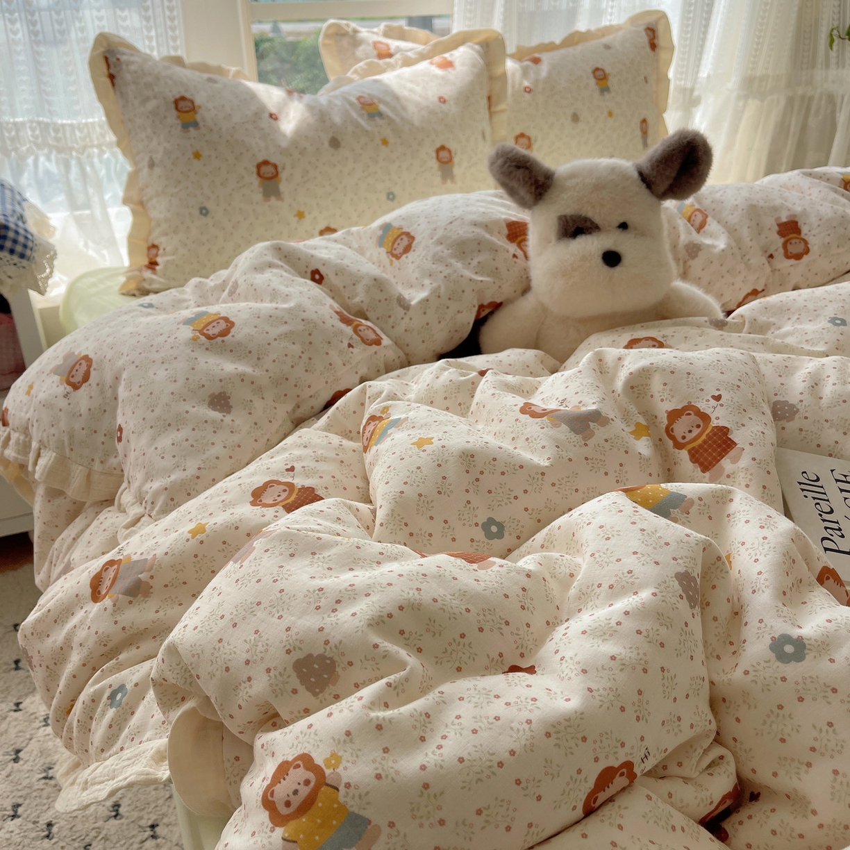 91家纺网 家纺一手货源 找家纺 盼季家纺 2025新款亲肤棉皱皱纱花边四件套 皱皱纱花边-小狮子