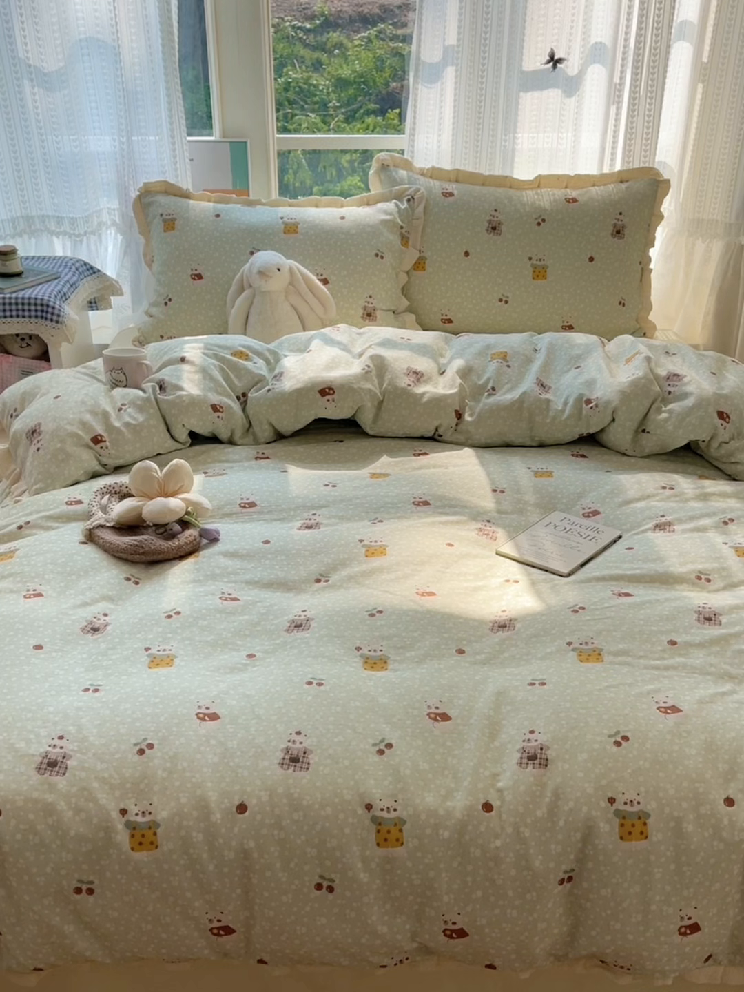 91家纺网 家纺一手货源 找家纺 盼季家纺 2025新款亲肤棉皱皱纱花边四件套 皱皱纱花边-欢喜萌宠