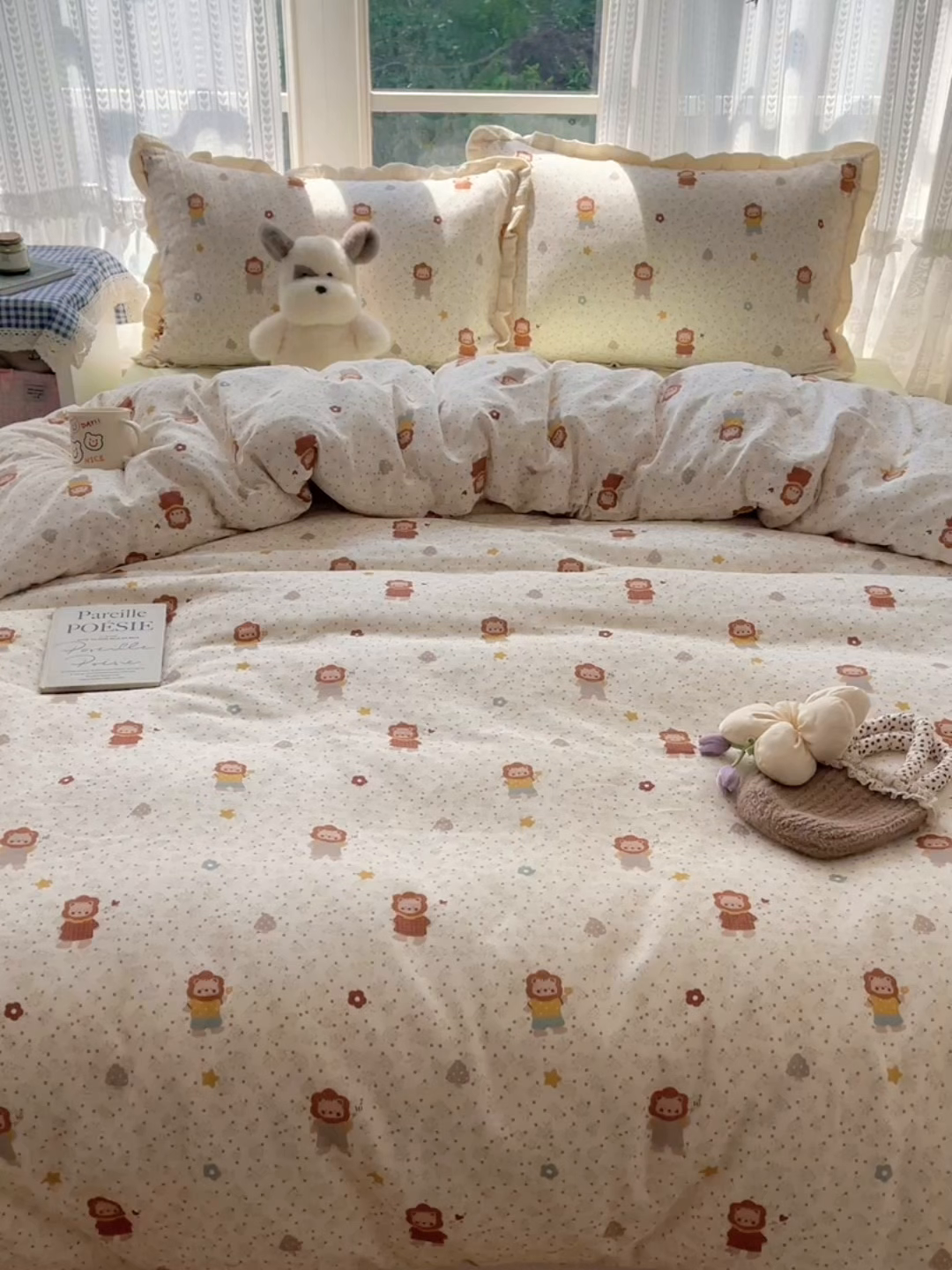 91家纺网 家纺一手货源 找家纺 盼季家纺 2025新款亲肤棉皱皱纱花边四件套 皱皱纱花边-小狮子