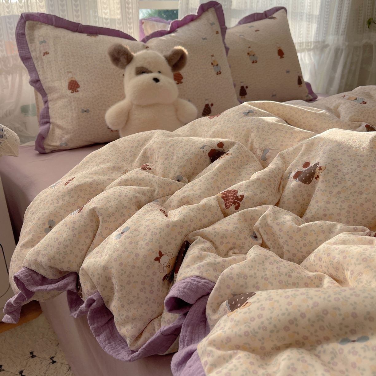 91家纺网 家纺一手货源 找家纺 （总）盼季家纺 2025新款亲肤棉皱皱纱花边四件套