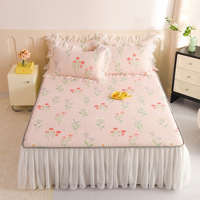 悦织湾家纺 2025新款A类0.5厚床裙款印花乳胶凉席三件套 百花齐放