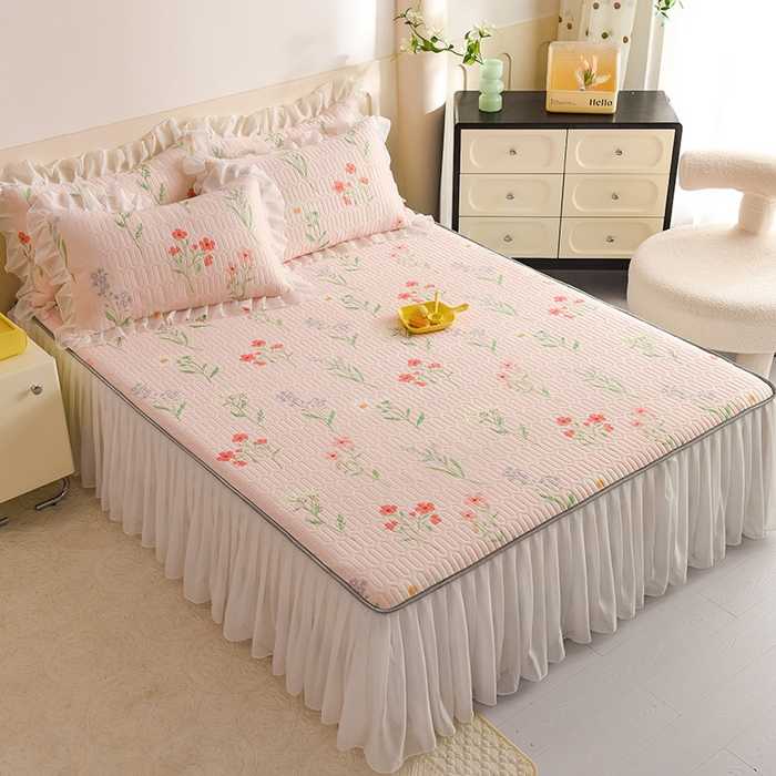 91家纺网 家纺一手货源 找家纺 悦织湾家纺 2025新款A类0.5厚床裙款印花乳胶凉席三件套 百花齐放