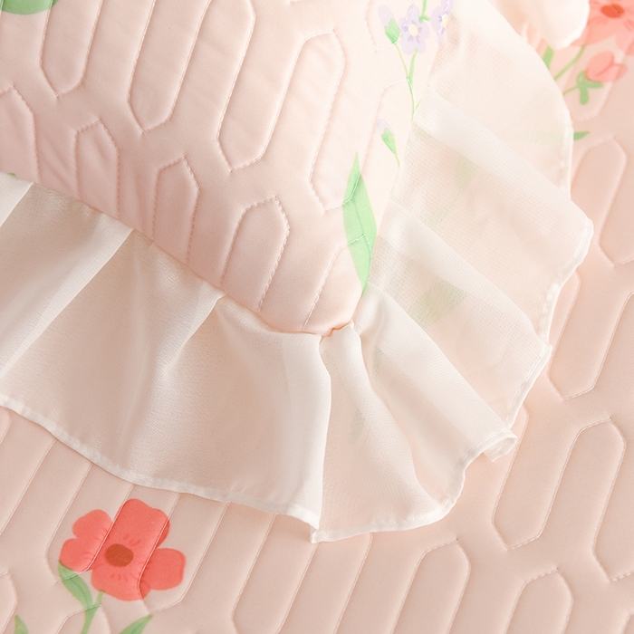 91家纺网 家纺一手货源 找家纺 悦织湾家纺 2025新款A类0.5厚床裙款印花乳胶凉席三件套 百花齐放