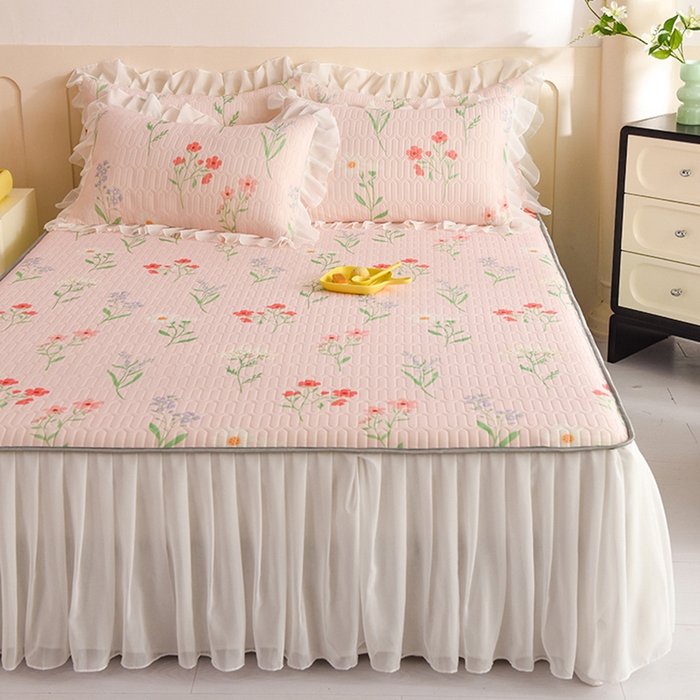 91家纺网 家纺一手货源 找家纺 悦织湾家纺 2025新款A类0.5厚床裙款印花乳胶凉席三件套 百花齐放