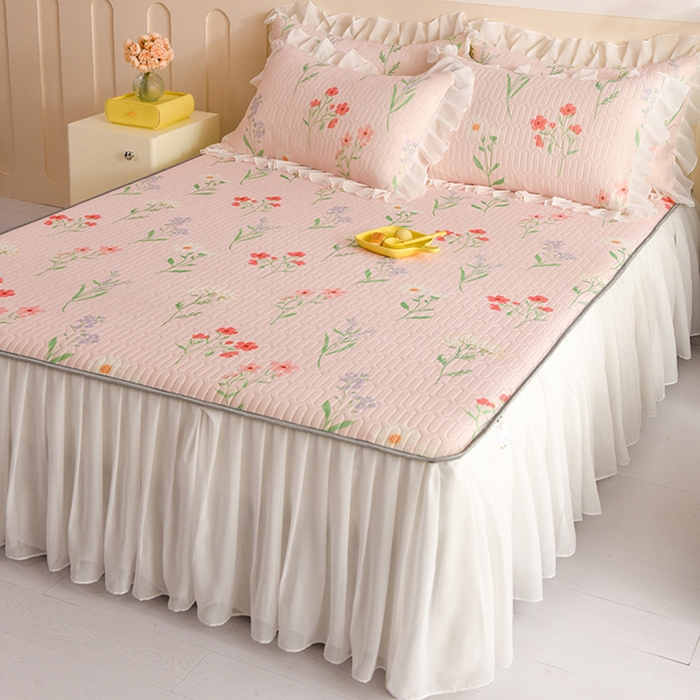 91家纺网 家纺一手货源 找家纺 悦织湾家纺 2025新款A类0.5厚床裙款印花乳胶凉席三件套 百花齐放