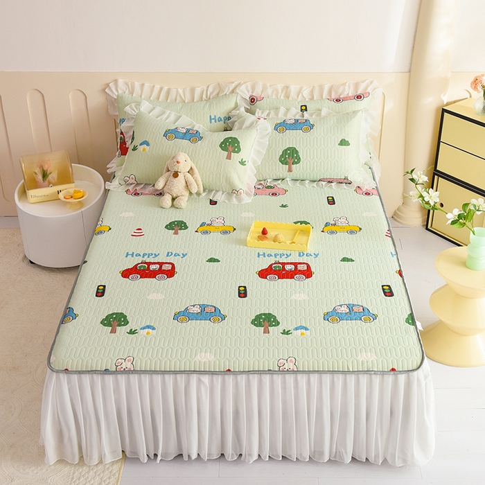 悦织湾家纺 2025新款A类0.5厚床裙款印花乳胶凉席三件套 宝宝巴士