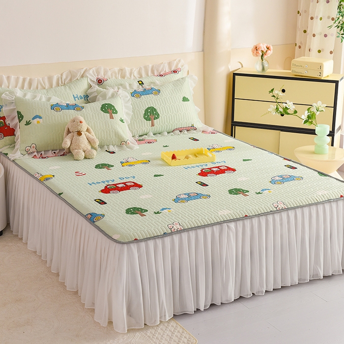 91家纺网 家纺一手货源 找家纺 悦织湾家纺 2025新款A类0.5厚床裙款印花乳胶凉席三件套 宝宝巴士