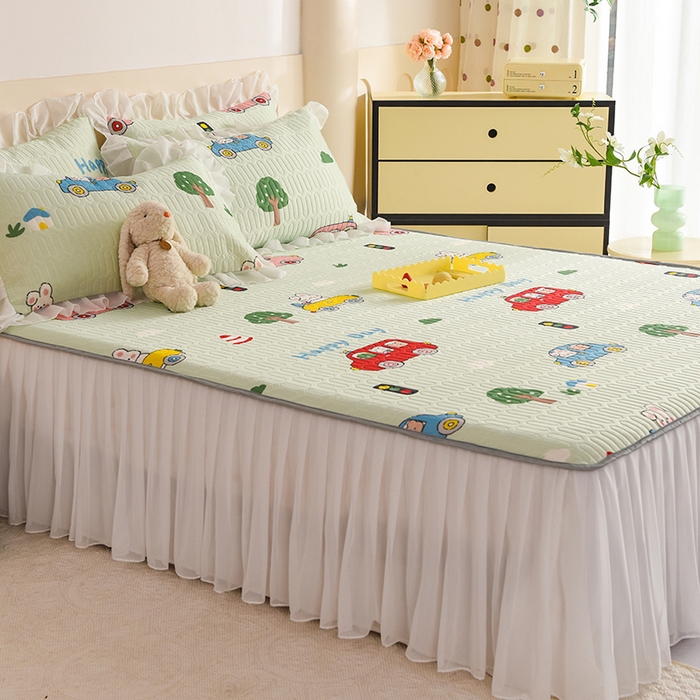 91家纺网 家纺一手货源 找家纺 悦织湾家纺 2025新款A类0.5厚床裙款印花乳胶凉席三件套 宝宝巴士