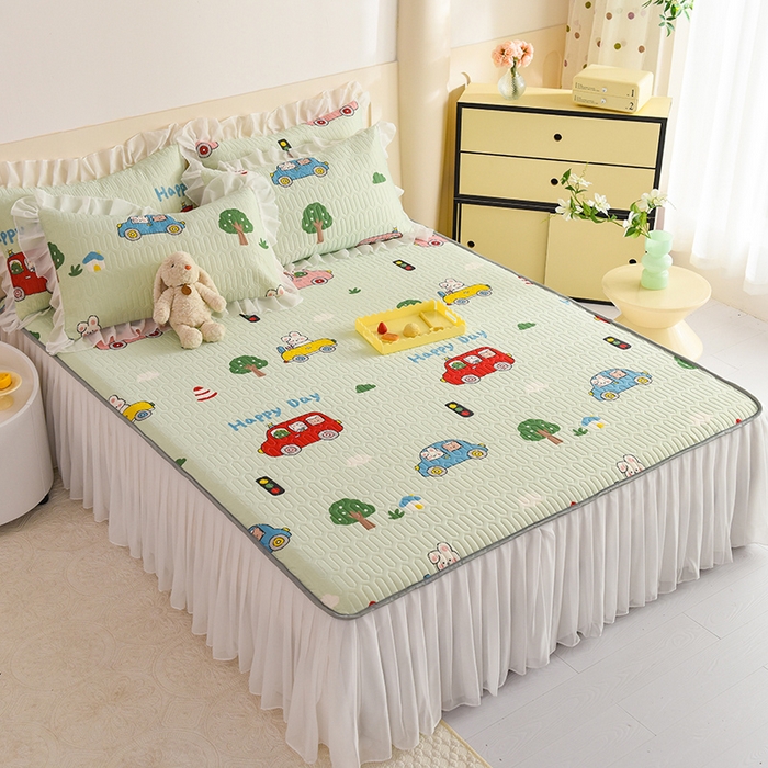 91家纺网 家纺一手货源 找家纺 悦织湾家纺 2025新款A类0.5厚床裙款印花乳胶凉席三件套 宝宝巴士