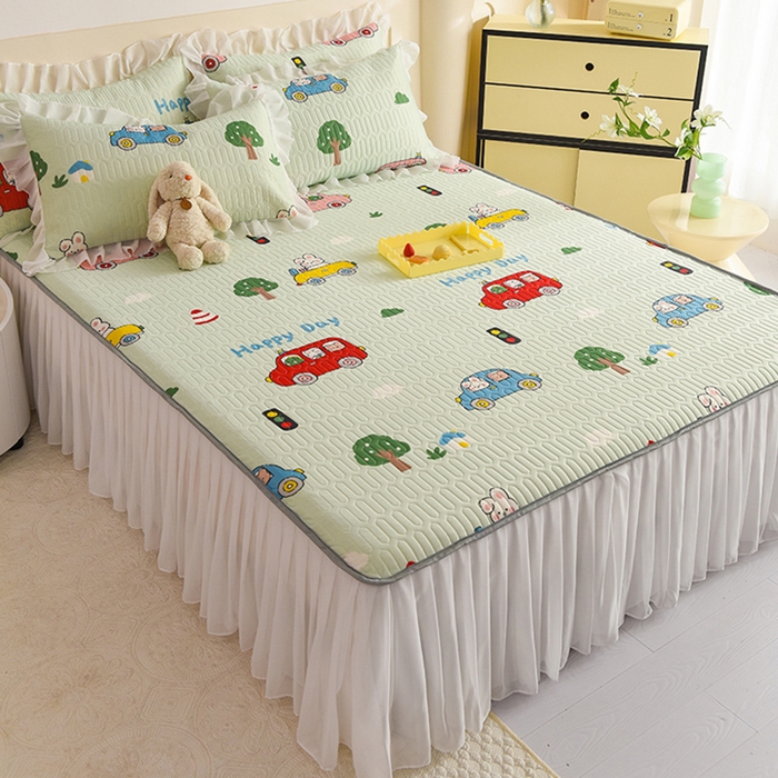 91家纺网 家纺一手货源 找家纺 悦织湾家纺 2025新款A类0.5厚床裙款印花乳胶凉席三件套 宝宝巴士