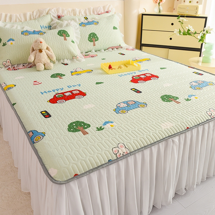 91家纺网 家纺一手货源 找家纺 悦织湾家纺 2025新款A类0.5厚床裙款印花乳胶凉席三件套 宝宝巴士
