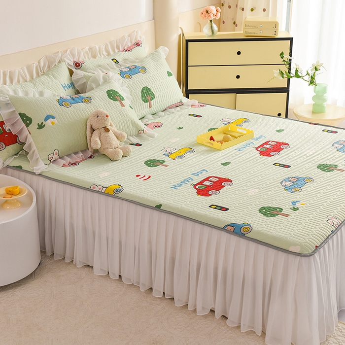 91家纺网 家纺一手货源 找家纺 悦织湾家纺 2025新款A类0.5厚床裙款印花乳胶凉席三件套 宝宝巴士