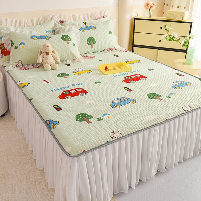 91家纺网 家纺一手货源 找家纺 悦织湾家纺 2025新款A类0.5厚床裙款印花乳胶凉席三件套 宝宝巴士