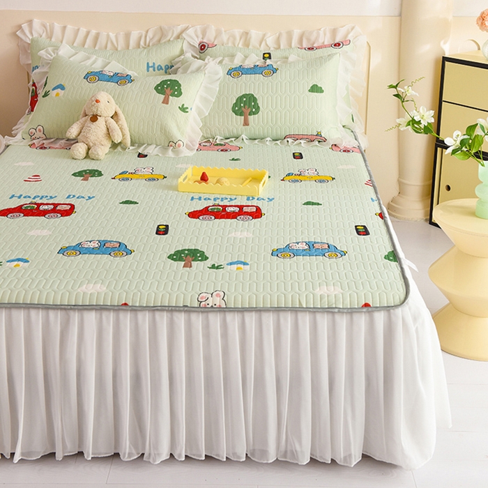 91家纺网 家纺一手货源 找家纺 悦织湾家纺 2025新款A类0.5厚床裙款印花乳胶凉席三件套 宝宝巴士