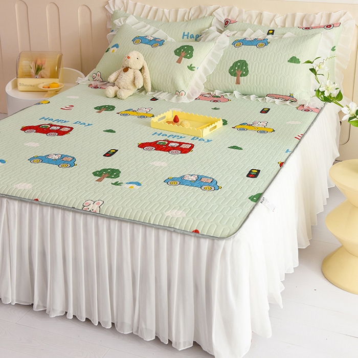 91家纺网 家纺一手货源 找家纺 悦织湾家纺 2025新款A类0.5厚床裙款印花乳胶凉席三件套 宝宝巴士