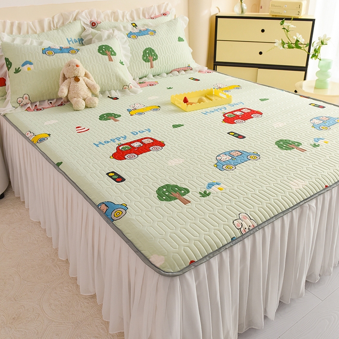 91家纺网 家纺一手货源 找家纺 悦织湾家纺 2025新款A类0.5厚床裙款印花乳胶凉席三件套 宝宝巴士