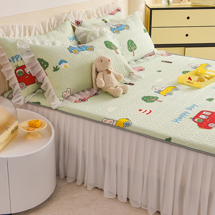 91家纺网 家纺一手货源 找家纺 悦织湾家纺 2025新款A类0.5厚床裙款印花乳胶凉席三件套 宝宝巴士