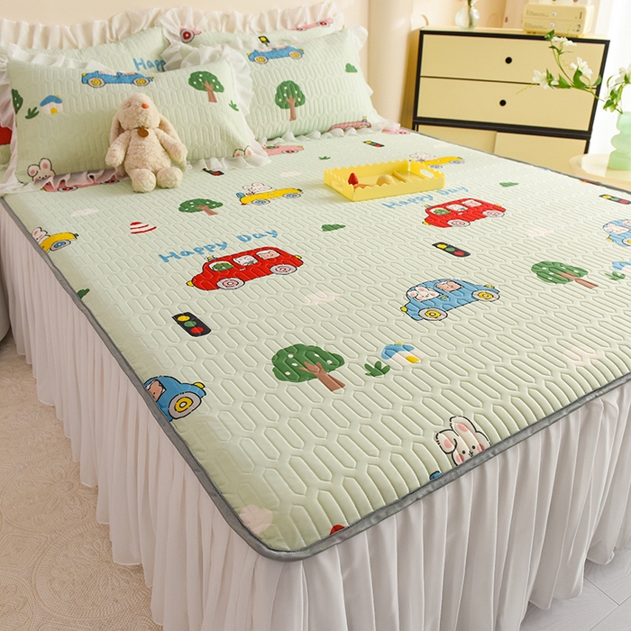 91家纺网 家纺一手货源 找家纺 悦织湾家纺 2025新款A类0.5厚床裙款印花乳胶凉席三件套 宝宝巴士