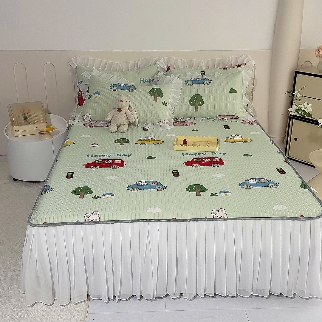 91家纺网 家纺一手货源 找家纺 悦织湾家纺 2025新款A类0.5厚床裙款印花乳胶凉席三件套 宝宝巴士