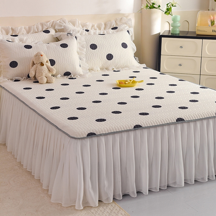 91家纺网 家纺一手货源 找家纺 悦织湾家纺 2025新款A类0.5厚床裙款印花乳胶凉席三件套 波点