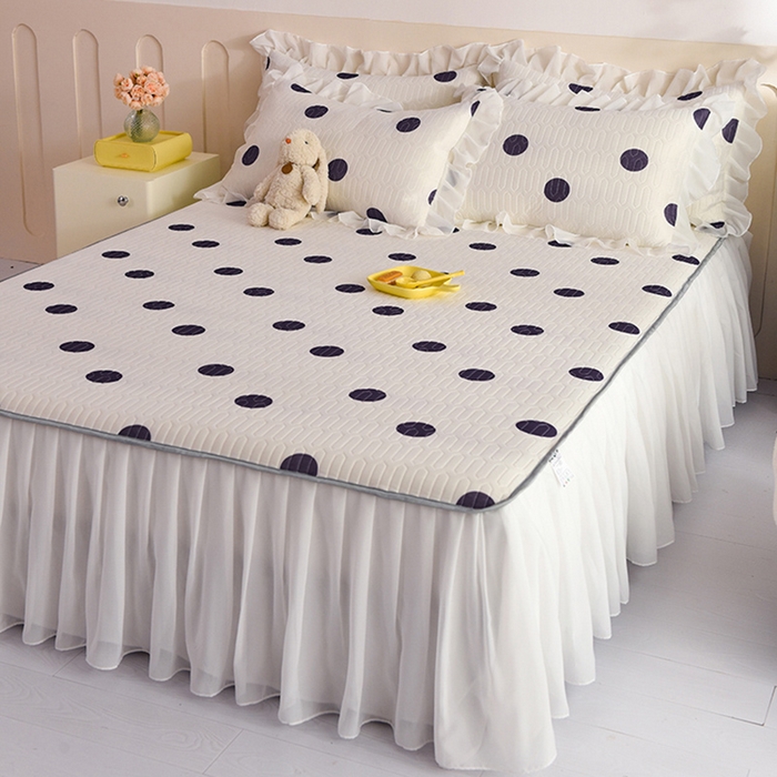 91家纺网 家纺一手货源 找家纺 悦织湾家纺 2025新款A类0.5厚床裙款印花乳胶凉席三件套 波点