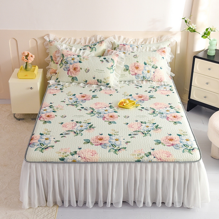 悦织湾家纺 2025新款A类0.5厚床裙款印花乳胶凉席三件套 繁花