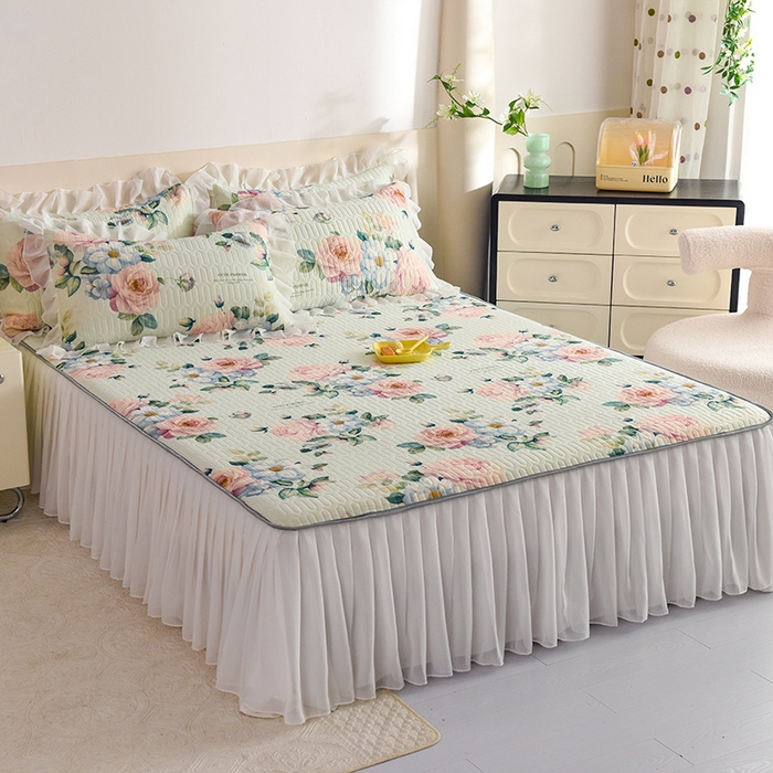 91家纺网 家纺一手货源 找家纺 悦织湾家纺 2025新款A类0.5厚床裙款印花乳胶凉席三件套 繁花