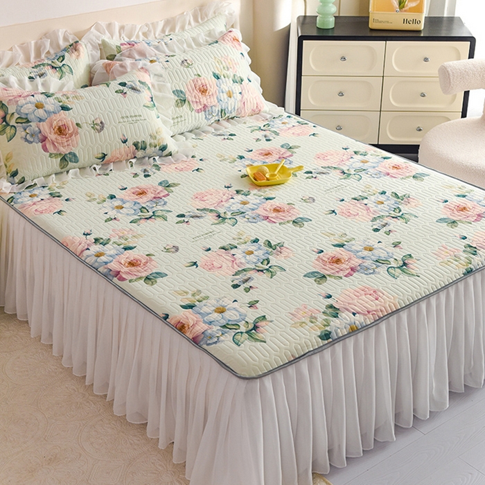 91家纺网 家纺一手货源 找家纺 悦织湾家纺 2025新款A类0.5厚床裙款印花乳胶凉席三件套 繁花