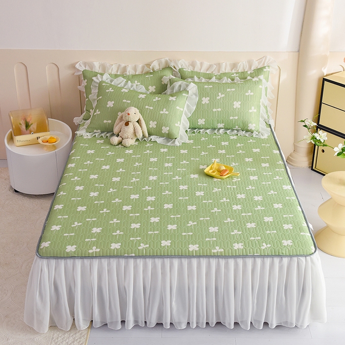 悦织湾家纺 2025新款A类0.5厚床裙款印花乳胶凉席三件套 花束