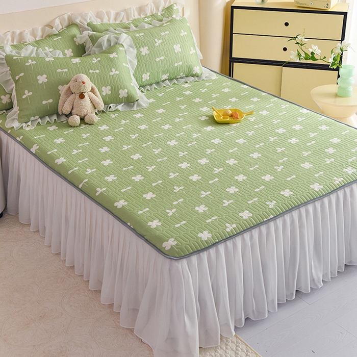 91家纺网 家纺一手货源 找家纺 悦织湾家纺 2025新款A类0.5厚床裙款印花乳胶凉席三件套 花束