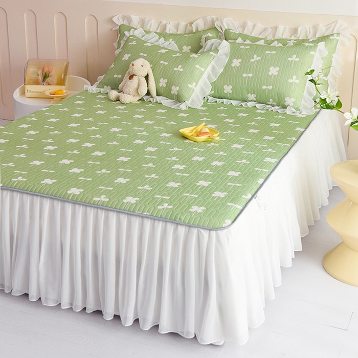 91家纺网 家纺一手货源 找家纺 悦织湾家纺 2025新款A类0.5厚床裙款印花乳胶凉席三件套 花束