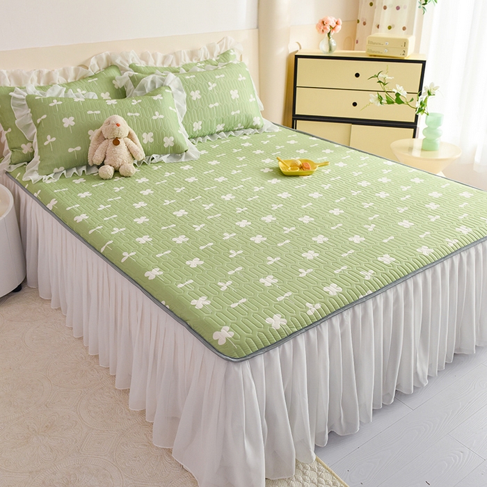 91家纺网 家纺一手货源 找家纺 悦织湾家纺 2025新款A类0.5厚床裙款印花乳胶凉席三件套 花束