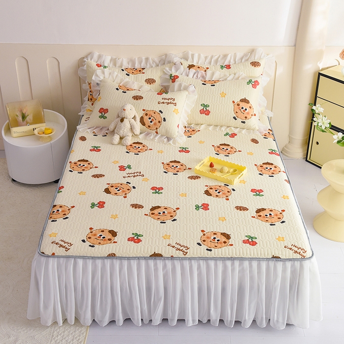 悦织湾家纺 2025新款A类0.5厚床裙款印花乳胶凉席三件套 欢乐曲奇