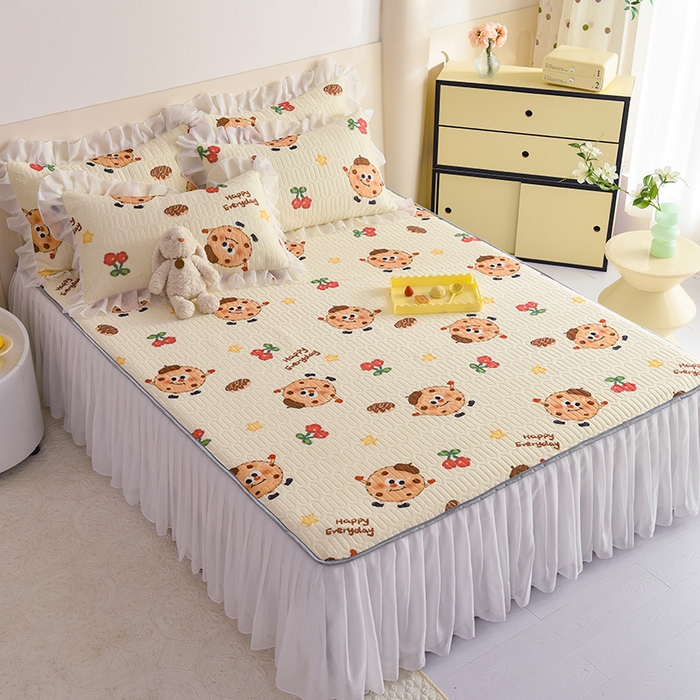 91家纺网 家纺一手货源 找家纺 悦织湾家纺 2025新款A类0.5厚床裙款印花乳胶凉席三件套 欢乐曲奇