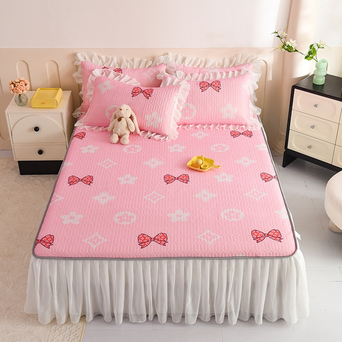 悦织湾家纺 2025新款A类0.5厚床裙款印花乳胶凉席三件套 礼物-粉