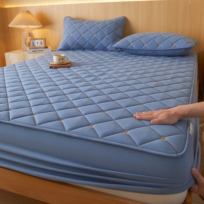 91家纺网 家纺一手货源 找家纺 芬晴家纺 2025新款A类母婴全棉H水洗棉床笠 H-雾蓝