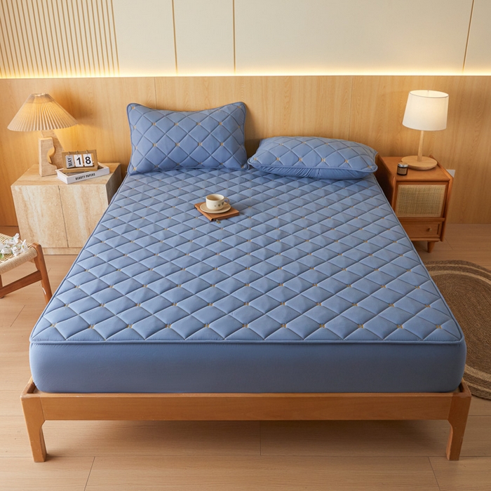 91家纺网 家纺一手货源 找家纺 芬晴家纺 2025新款A类母婴全棉H水洗棉床笠 H-雾蓝