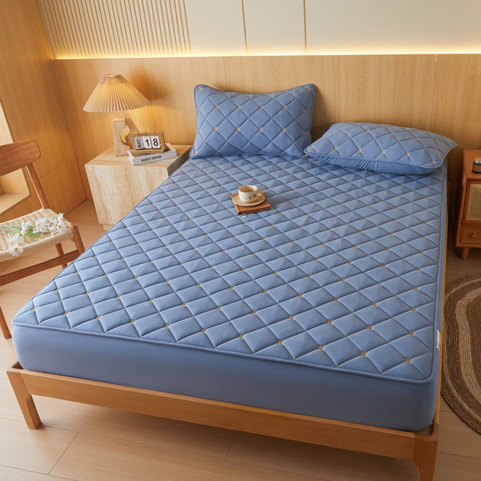 91家纺网 家纺一手货源 找家纺 芬晴家纺 2025新款A类母婴全棉H水洗棉床笠 H-雾蓝