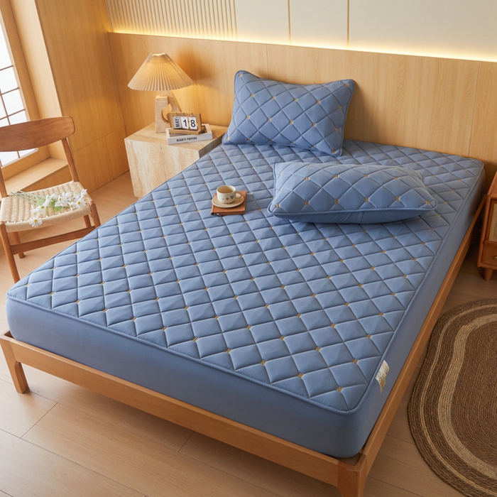 91家纺网 家纺一手货源 找家纺 芬晴家纺 2025新款A类母婴全棉H水洗棉床笠 H-雾蓝