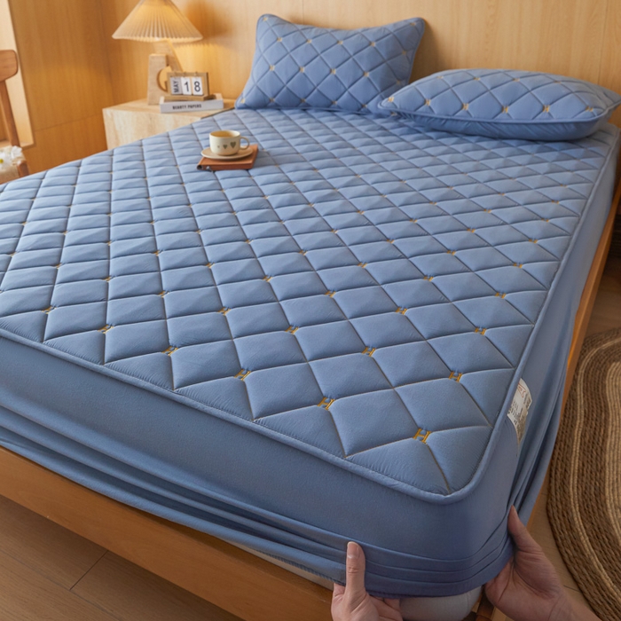 91家纺网 家纺一手货源 找家纺 芬晴家纺 2025新款A类母婴全棉H水洗棉床笠 H-雾蓝