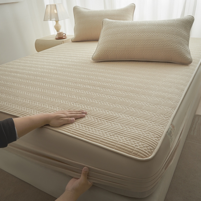 91家纺网 家纺一手货源 找家纺 芬晴家纺 2025新款A类全棉夹棉大豆床笠-派对 派对-浅卡