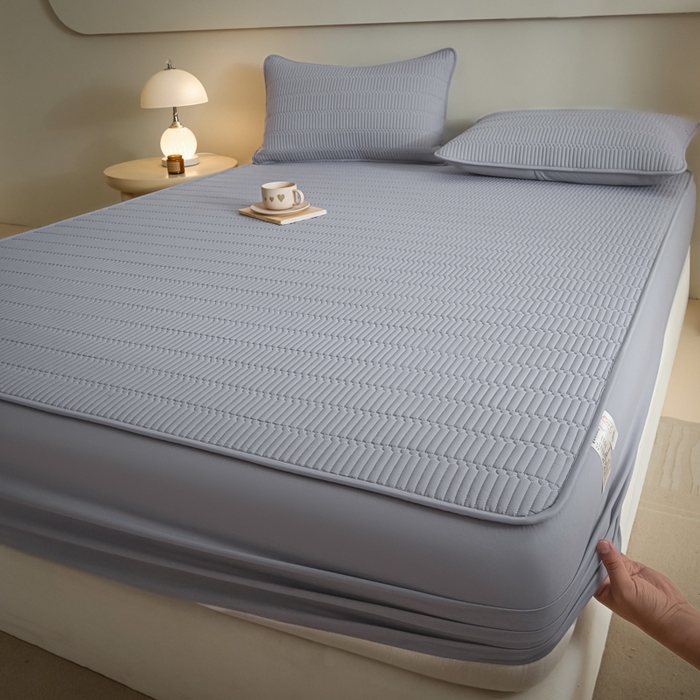 91家纺网 家纺一手货源 找家纺 芬晴家纺 2025新款A类全棉水洗棉夹棉床笠-甜心 甜心-浅灰