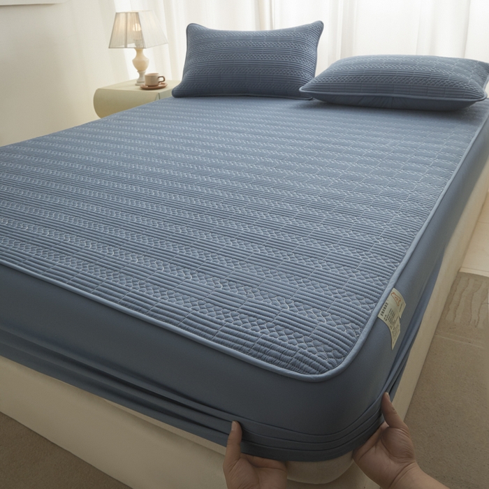 91家纺网 家纺一手货源 找家纺 芬晴家纺 2025新款A类全棉夹棉大豆床笠-派对 派对-雾蓝