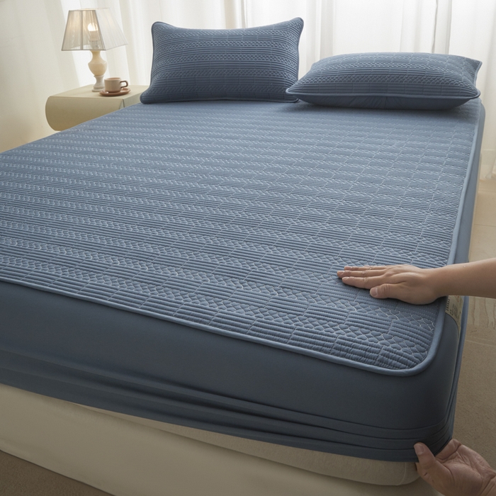 91家纺网 家纺一手货源 找家纺 芬晴家纺 2025新款A类全棉夹棉大豆床笠-派对 派对-雾蓝