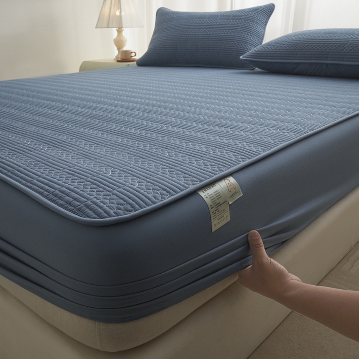 91家纺网 家纺一手货源 找家纺 芬晴家纺 2025新款A类全棉夹棉大豆床笠-派对 派对-雾蓝